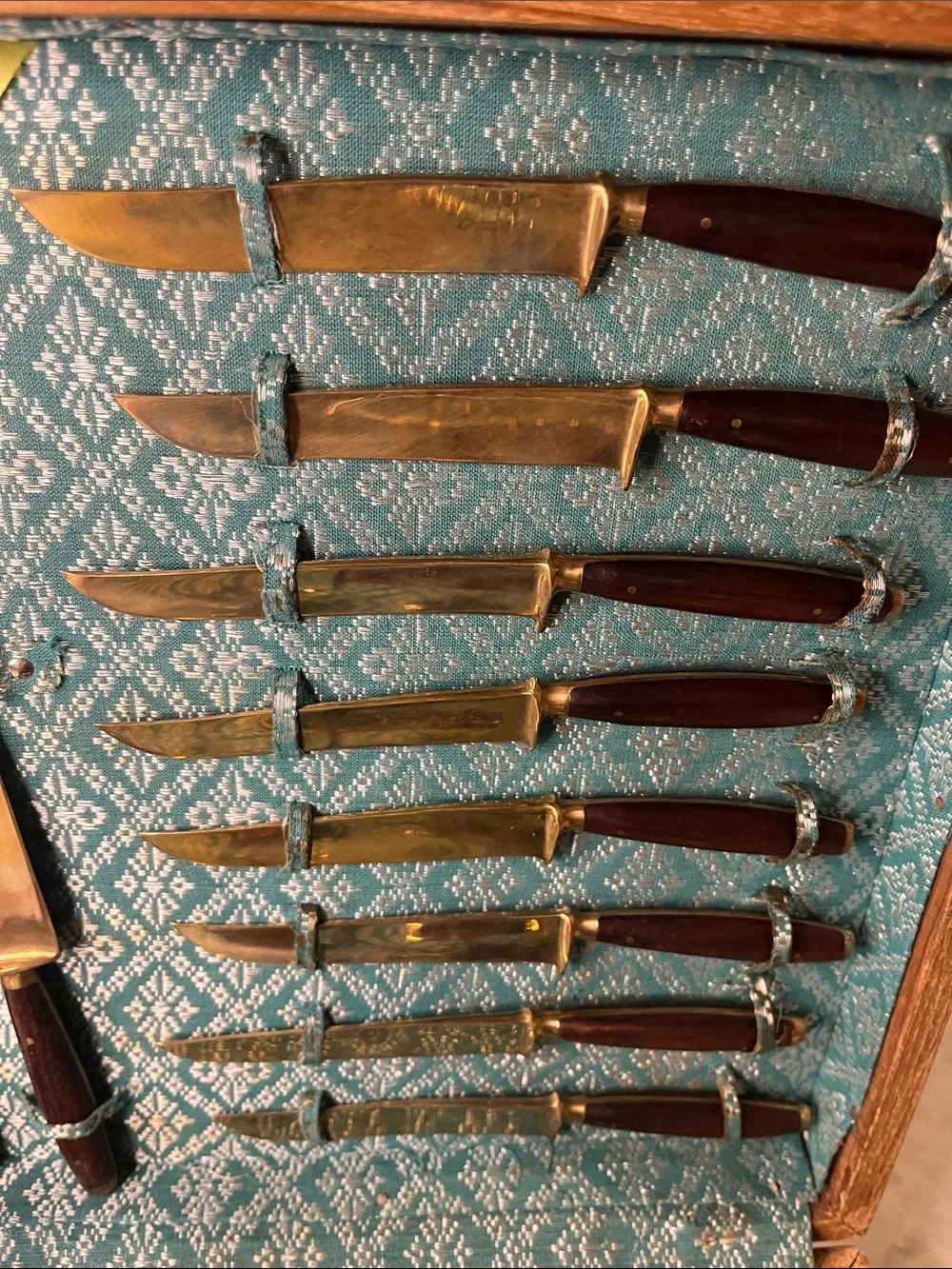 Vintage brass flatware 29 pieces rosewood handles.  Wood  handled chest Bangkok
